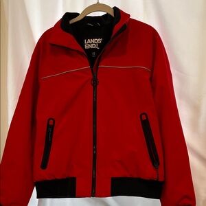 Lands' End Vibrant Red Bomber Style Jacket with Navy Blue Accents. Size PL